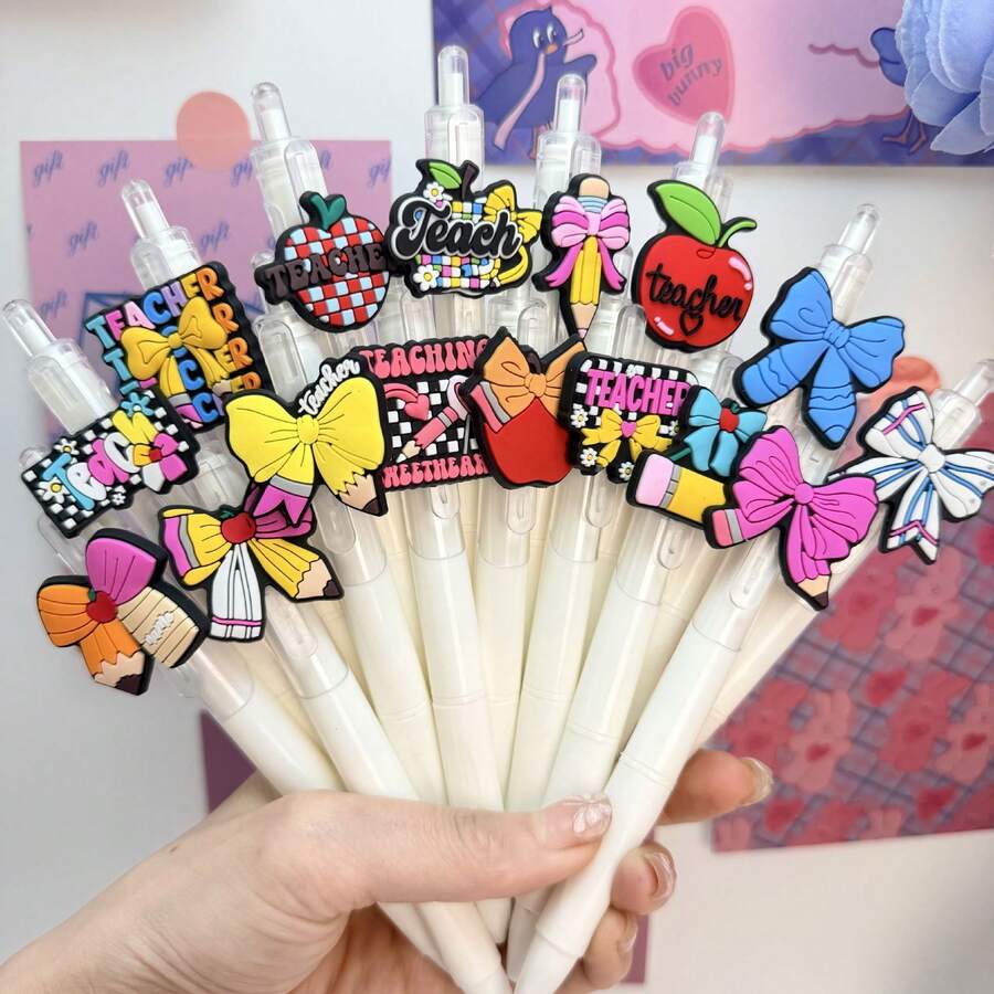 1/3/5支装教师主题按动式圆珠笔，白色笔杆，带蝴蝶结苹果铅笔帽，书写流畅，教师节礼物，适用于教室、学校用品、计划本和返校季。
