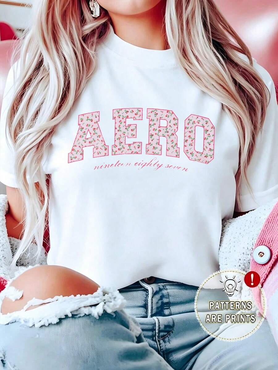 Women's White T-Shirt With AERO Letter Design And Cherry Print, Casual Varsity Style, Ideal For Youthful Looks, Made Of Soft Fabric. - 白色 - 查看 1