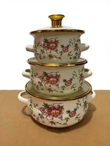 3pcs Enamel Vintage Pattern Enamel Soup Pot Set, Enamel Color Enamel Soup Pot, Mini Pot, Porridge Pot, Congee Pot, Milk Warmer Pot, Milk Pot, Small Round Pot, Double Handle Pot, Enamel Pot, Noodle Pot, Milk Pot, Enamel Lid Basin, Double Handle Soup Pot Set, Household Mini Small Soup Pot, No Coating Pot, Induction Cooktop And Gas Heating Universal - Three-piece Mini Pot Set - View 6