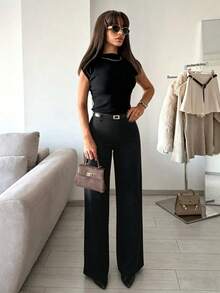 SMILE CHI Women's Casual Stretch Straight Leg Dress Pants For Commute, Daily Wear And Office (Belt Not Included) Black - Black - View 6