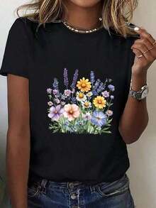 Camiseta de manga corta de gran tamaño para mujer - Estampado floral y de margaritas en blanco y lavanda, top casual de corte holgado con cuello redondo, tela nueva de 200g de peso pesado, blusa de temporada para usar con jeans y vestidos (lavable a máquina), camisetas de manga corta para mujer, blusas y tops para damas, blusas casuales para mujer, camisetas de manga corta de verano para damas, blusa para mujer, camisetas para mujer, blusa floral para mujer, ropa de flores para mujer, tops para mujer con rosas, camisetas florales para mujer, tops y camisetas gráficas para mujer, camisetas gráficas para mujer, camisetas de verano, camisetas casuales, conjuntos de vacaciones para mujer, diseño juvenil y a la moda. - Negro - Ver 6