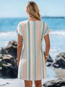 Vestido corto minimalista casual con cuello en V, adecuado para primavera y verano, ropa de verano para mujer, a rayas de colores, ropa de resort para mujer - Multicolor 8 - Ver 2