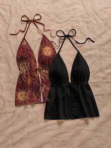 2 piezas Camiseta sin espalda con escote en V y tirantes con estampado de leopardo sexy, adecuada para vacaciones, citas, té de la tarde, vacaciones, festivales de música, estilo bohemio - Multicolor 12 - Ver 3