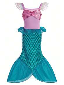 3pcs Girls New Dress, Color Block Fish Scale Design Mesh Ruffle Hem, Lively And Exquisite, Gorgeous Princess Dress, Party Outfit, Birthday Party Gift, Book Week Costume - Multicolor - View 2