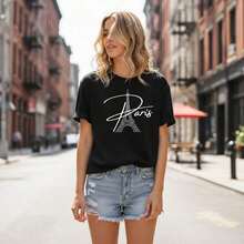 Camiseta de Algodón con Estampado de la Torre Eiffel de París para Mujer, Corte Holgado Casual, Manga Corta, Cuello Redondo, Tallas S-5XL, Camiseta Gráfica en Blanco y Negro para Vacaciones de Verano, Viajes y Uso Diario - Negro - Ver 12