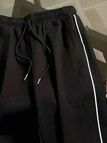 Pantalones rectos de corte holgado para mujer con ribete de encaje - Negro - Ver 3