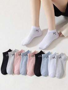 1/5/10/15/20 Pairs Women Solid Color Bow Decor Simple Daily Fashion Short Socks - Multicolor - View 6