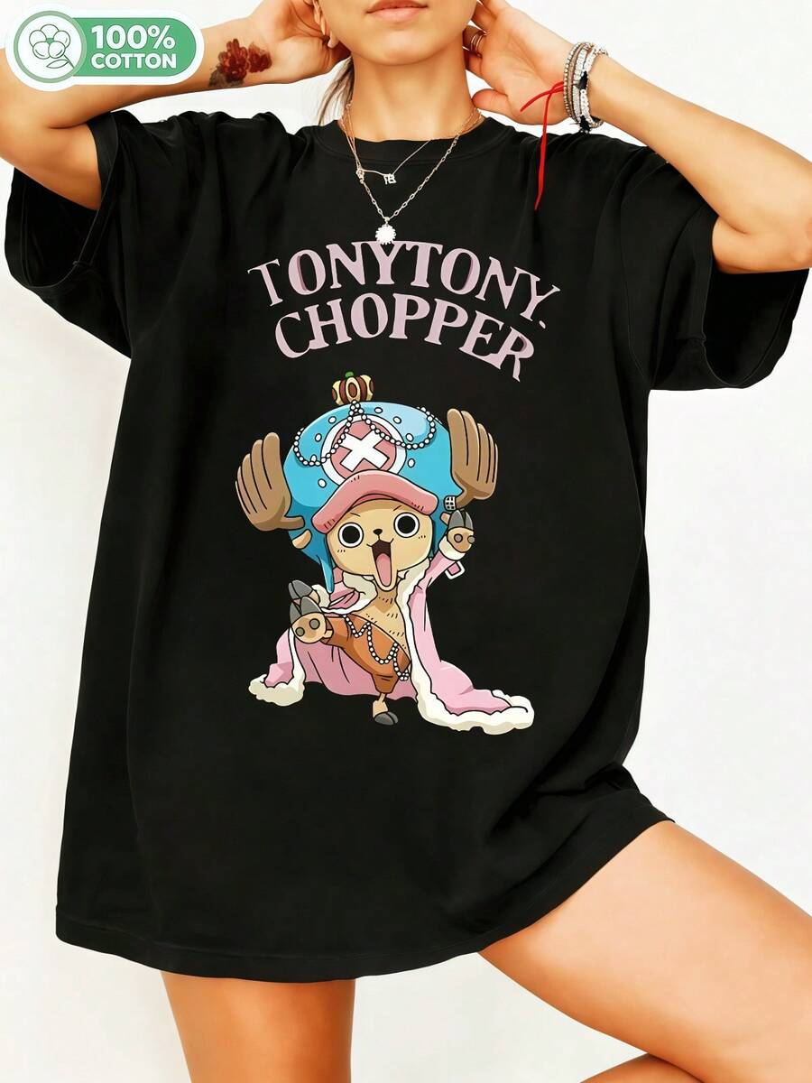 100% Cotton One Piece Graphic T-Shirt, Straw Hat Pirate Doctor Retro Anime T-Shirt, Casual Short Sleeve Crew Neck Manga Fan Top, Oversized Streetwear For One Piece Lovers. - Black - View 1