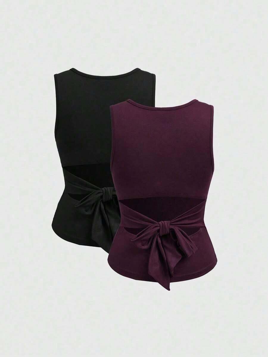 2 piezas Camisa sin espalda con lazo y cuello redondo sin mangas para mujer, Top estilo Y2K, adecuado para ir al trabajo, salidas, vacaciones, Paquete de 2 tops sin mangas para mujer, Top sin mangas para mujer, Conjunto de 2 piezas para mujer, Blus - Multicolor - Ver 1