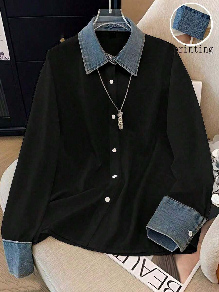 Camisa de efecto de mezclilla de parchwork casual para mujer, otoño/invierno - Negro - Ver 1