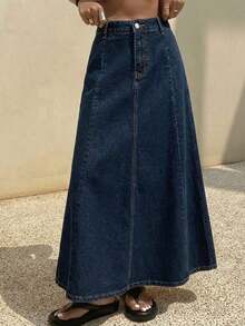 Falda vaquera de línea A lisa para mujer - Azul lavado oscuro 2 - Ver 6