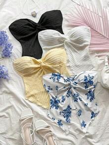 Nuevo estilo de top tubo de punto estampado rosa con dobladillo retorcido asimétrico y espalda descubierta para playa, resort, festival de música y verano bohemio para mujeres - Multicolor 4 - Ver 1