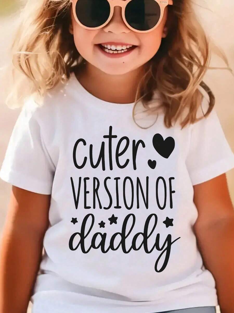1 pieza de camiseta de manga corta para niñas, estilo veraniego, con elementos de estrellas y corazones, estampado de la linda palabra "Daddy", top casual versátil DX2842180g 100% algodón. - Blanco - Ver 1
