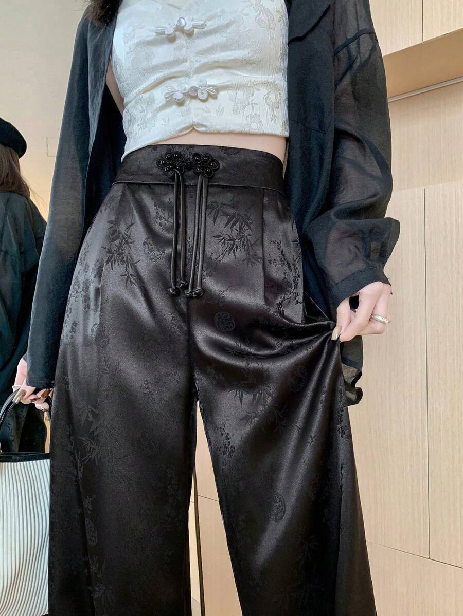 Women's New Chinese Style Jacquard Wide-Leg Pants, High-Waisted Decorative Button Straight Leg Elegant Casual Black Trousers Vacation - Black - View 1