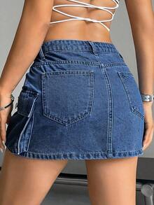 Falda vaquera de cargo de unicolor de verano para mujer - Azul lavado medio - Ver 7