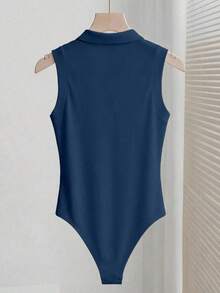 Elegante body de punto blanco con cuello vuelto y media cremallera, body de mujer para primavera/verano, ideal para vacaciones y playa - Azul marino - Ver 2