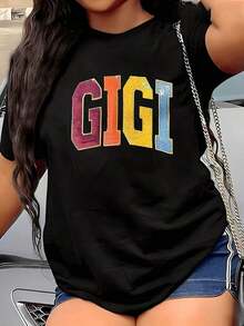 1 Piece Gigi 1 Piece Women's Plus Size T-Shirt, Funny Graphic Print Short Sleeve Novelty 100% Cotton 220g, Casual Crew Neck T-Shirt 180g 100% Cotton. - 黑色 - 查看 1
