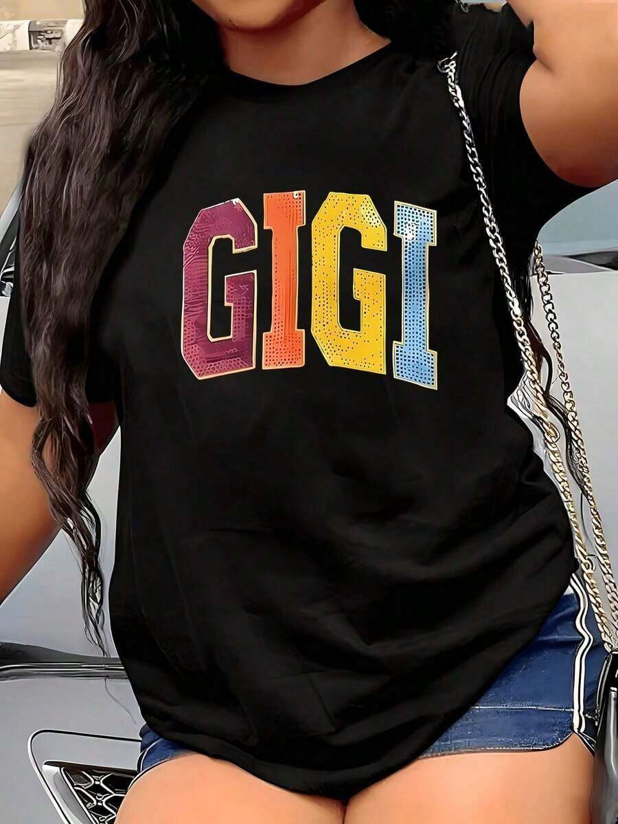 1 Piece Gigi 1 Piece Women's Plus Size T-Shirt, Funny Graphic Print Short Sleeve Novelty 100% Cotton 220g, Casual Crew Neck T-Shirt 180g 100% Cotton. - 黑色 - 查看 1