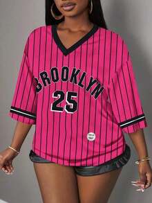 Camiseta gráfica minimalista casual con letra y número para mujer, adecuada para verano, deporte, combinación, fucsia con estampado a rayas de Brooklyn - Rosa Fucsia - Ver 3
