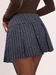 Falda plisada de línea A a cuadros para mujer, adecuada para ir al trabajo - Negro - Ver 2