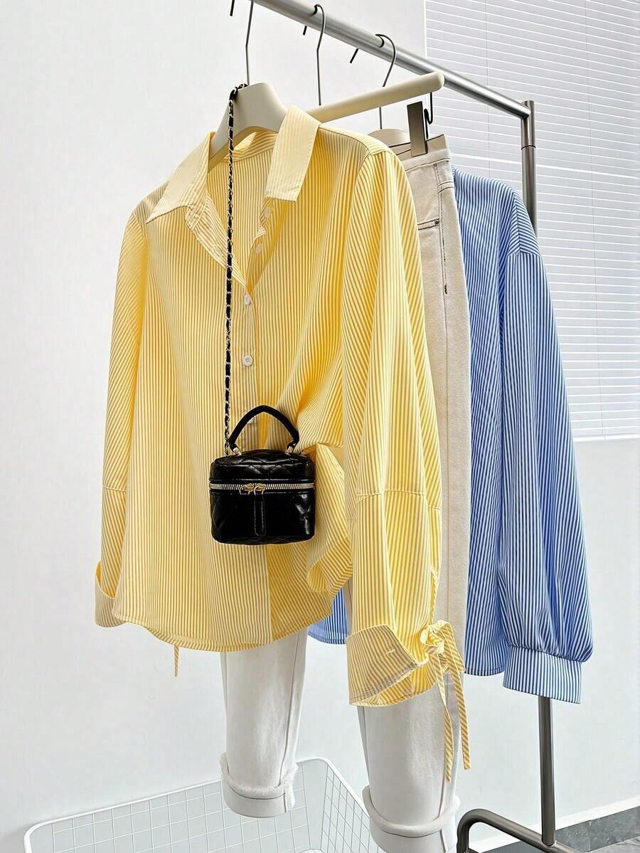 Camisa casual de manga larga con cuello vuelto, a rayas, holgada, con cordón y protección solar para mujeres - Amarillo - Ver 1