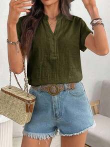 Camisa de mujer de unicolor con cuello en V, casual y versátil para uso diario - Verde militar - Ver 5