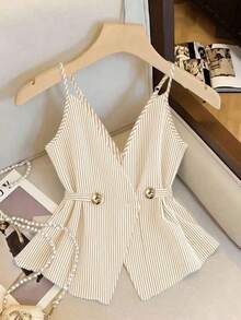 Camiseta sin tirantes casual de mujer con decoración de botones a rayas - Albaricoque - Ver 3