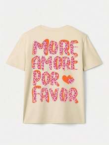 Camiseta de manga corta para mujer con cuello redondo, corte holgado oversize, con estampado en la parte posterior de texto "MORE AMORE POR FAVOR" con estampado de leopardo rosa y corazón, apta para uso diario, salidas casuales, fines de semana, citas informales y reuniones con amigas, fabricada en poliéster, de estilo casual femenino moderno, ideal para usar en primavera y verano. Envío nacional dentro del país. - Albaricoque - Ver 2