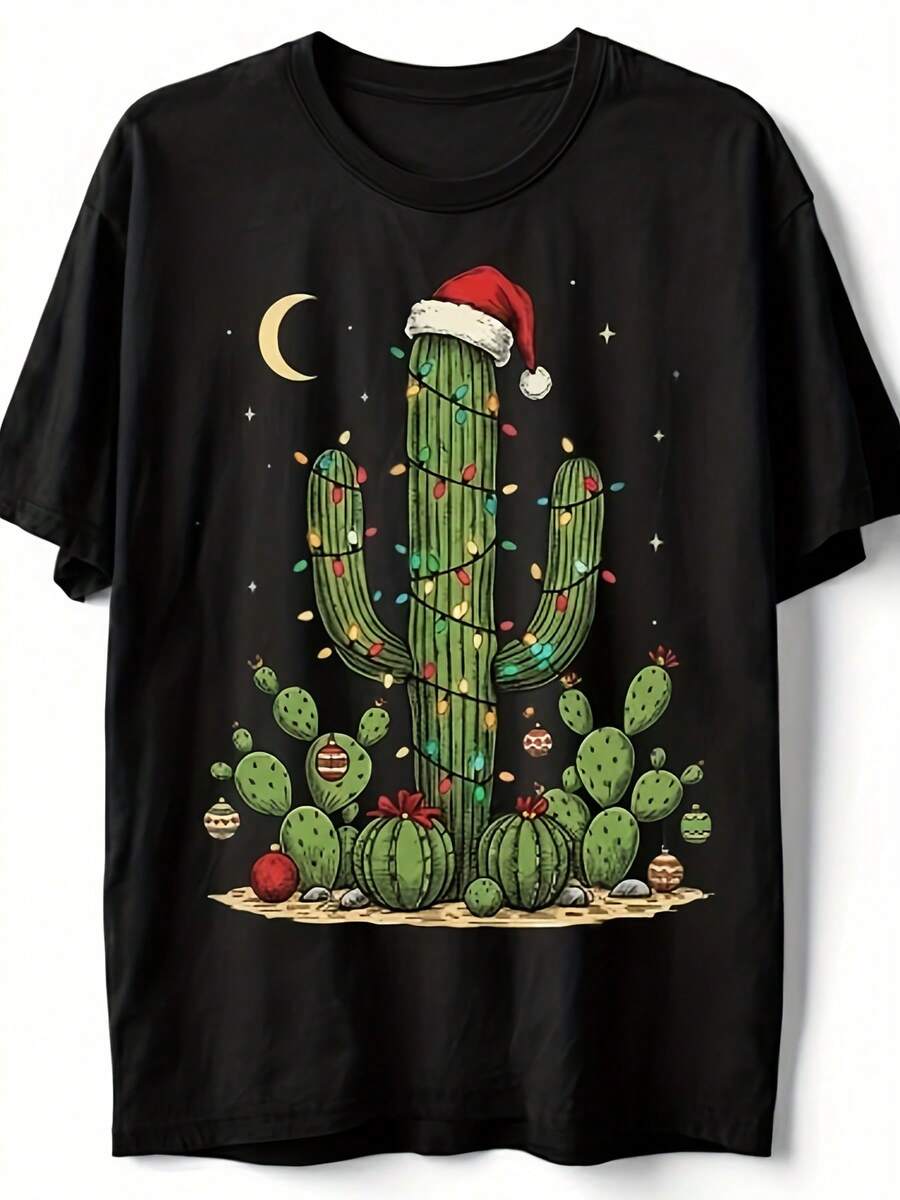 Funny Christmas Cactus T-Shirt, Christmas Hat, Christmas Lights, Western Style, Unisex, Short Sleeve, Pure Cotton 180G, Ideal For Desert Holidays, Casual Wear, National Shipping - 黑色 - 查看 1
