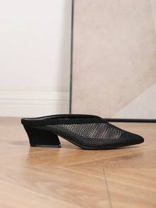 Black Breathable Honeycomb Mesh Pointed Toe Deep V Thick Heel Mule Sandals, Chunky Heels, Summer Shoes, Suitable For Workplace, Casual Party - Black - View 6