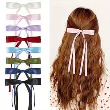 2/4/6/8PCS Satin Bow Hair Clip, Long Streamer Ribbon Barrette, Solid Color Elegant Hair Accessory For Half Up Hairstyle, Daily Party Hair Decor - Single-layer Bow - View 3
