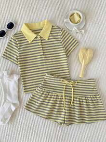 Conjunto de 2 piezas de camiseta de manga corta a rayas y minifalda de moda casual para mujer, primavera/verano 2026.Ropa de mujer de verano, conjunto de playa para el Día de San Valentín, estilo Y2K en color rosa claro - Multicolor - Ver 9