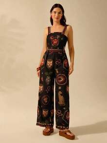Mono negro casual de vacaciones de verano para mujer con diseños estampados bohemios de leopardo tropical, caparazón de tortuga de bambú, ojo del diablo, serpiente y pájaro, con bolsillos grandes y tirantes - Multicolor - Ver 7