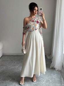 Elenzya Vestido largo con escote asimétrico de estilo francés elegante, borde acampanado, bordado de malla, para uso versátil diario, primavera/verano - Albaricoque - Ver 4