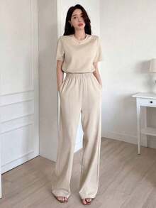 1 Conjunto de Camiseta de Manga Corta Asimétrica y Pantalones Casuales de Pierna Ancha para Mujer, Conjunto de Dos Piezas para Mujer - Albaricoque - Ver 3