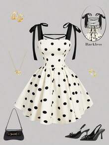 Vestido rosa romántico con espalda descubierta y lazo, adecuado para citas, fiestas, vacaciones, meriendas de té y ocasiones de cumpleaños - Blanco y Negro - Ver 3