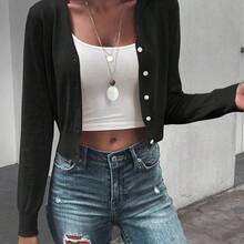 Short Button-Front Cardigan, Long Sleeve Top - Negro - Ver 2