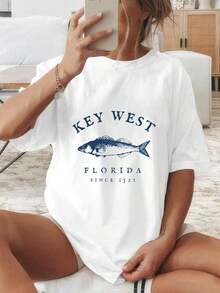 Camiseta casual de algodón personalizada para mujer, con cuello redondo y mangas cortas, con el estampado "KEY WEST, FLORIDA SINCE 1521" y un diseño de pez. Ideal para uso diario. - Camiseta de manga corta con cuello redondo de algodón suelto estilo vintage urbano. - Blanco - Ver 7