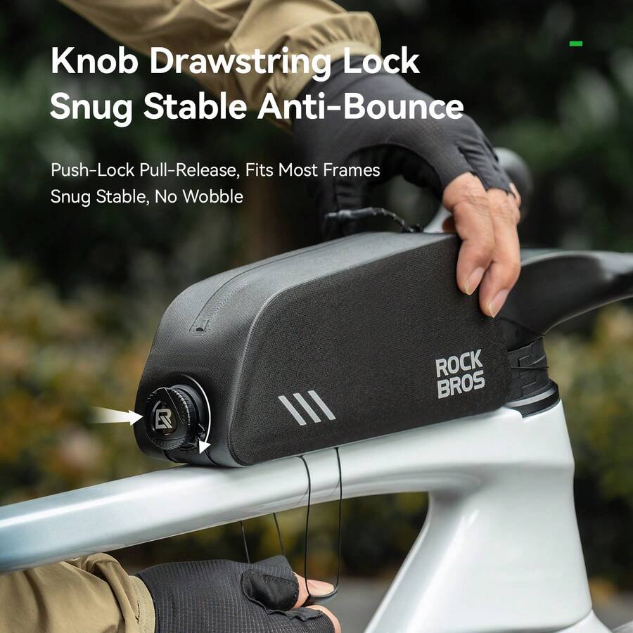 The ROCKBROS 1-Piece Waterproof Bicycle Top Tube Bag Features A Twist Lock Drawstring Closure For A Secure And Shockproof Fit. With A 0.9L Capacity, It's Suitable For Mountain Bikes And Road Bikes, Meeting Your Daily Commuting Needs. - Black - View 1