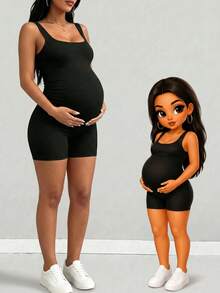 Mono de maternidad Parara, chaleco de tirantes finos, estilo corto versátil, estilizador, holgado, minimalista y elegante negro de verano - Negro - Ver 1