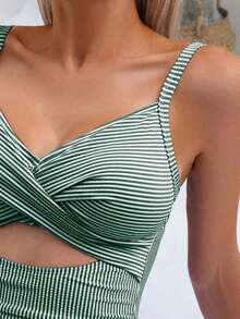Traje de baño de una pieza sexy para mujer con rayas, encaje cruzado en la espalda - Verde Oscuro - Ver 3