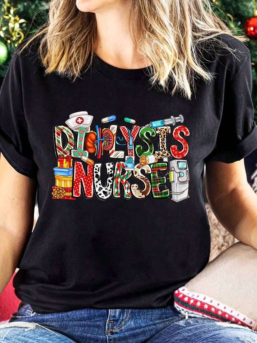 Camiseta con estampado navideño para enfermera de diálisis, manga corta, cuello redondo, top casual para verano y primavera, ropa de mujer - Negro - Ver 1