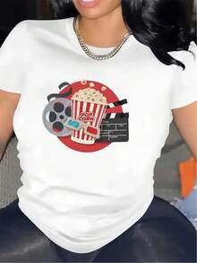 Camiseta Casual de Manga Corta para Cineafiles, Ideal para Cines en Casa o Salas de Estar.Es ligero y resistente, y presenta un diseño de palomitas de maíz y una cámara, lo que lo hace perfecto para los amantes del cine y las noches acogedoras en casa. - Negro - Ver 6