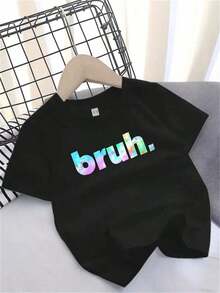 1 pieza de camiseta con estampado "Bruh" - Camiseta casual suave con letras "Bruh", corte regular, manga corta, blusa de elasticidad media para primavera y verano, ropa de verano para mujer. - Negro - Ver 5
