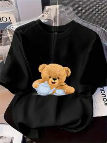 Fashionable, Heavyweight Women's T-Shirt With A Circle Print, Featuring A Coffee Bear Design, A Round Neck, And Short Sleeves. Soft And Breathable, Suitable For Everyday Wear. Great Gift Idea. - 黑色 - 查看 7
