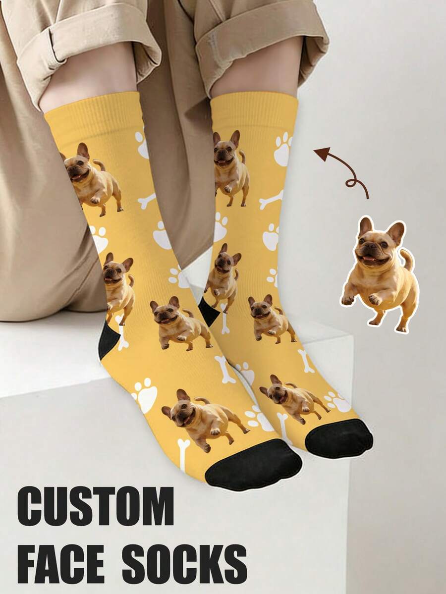 1 Pair Customized Mid-Calf Socks, Bow Tie Pattern, Customized Face Pattern Socks, Couple Socks, Customized Photo Socks, Customized Printed Socks, Personalized Fun Face Pattern Socks, Customized Image Socks, Can Print Any Face Shape On Socks, Anniversary Gift, Valentine's Day Gift, Birthday Gift, Wedding Gift, Mother's Day Gift, Father's Day Gift, Gift For Best Friend, Gift For Parents, Gift For Girlfriend/Boyfriend - Gold - View 1