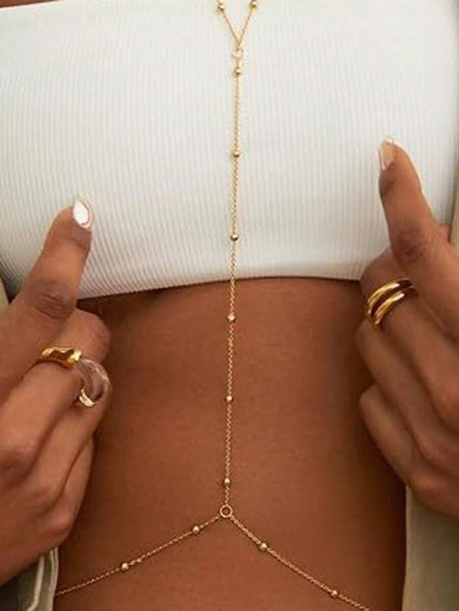 1 pièce Chaîne de corps en acier inoxydable plaqué or 18 carats à la mode, chaîne de ventre sexy pour femmes - Doré - Voir 1