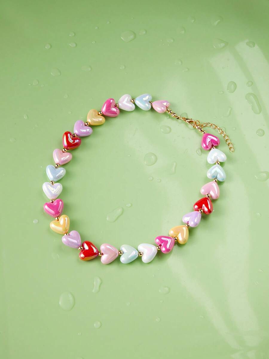 Trivaya 1 pieza Collar con colgante de corazón de cuentas de color caramelo lindo y aleatorio para mujeres - Multicolor - Ver 1