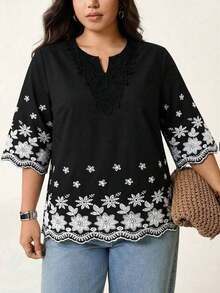 Blusa de verano de talla grande, de unicolor, hueca, bordada, casual, para vacaciones, temporada de bodas, nuevo diseño de playa para mujer - Negro - Ver 7