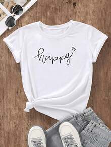 Women's 100% Cotton T-Shirt With A Modern "Happy" Print, Minimalist Casual Style, Round Neck, Comfortable Short Sleeves For Summer And Elegant Everyday Wear - 白色 - 查看 6